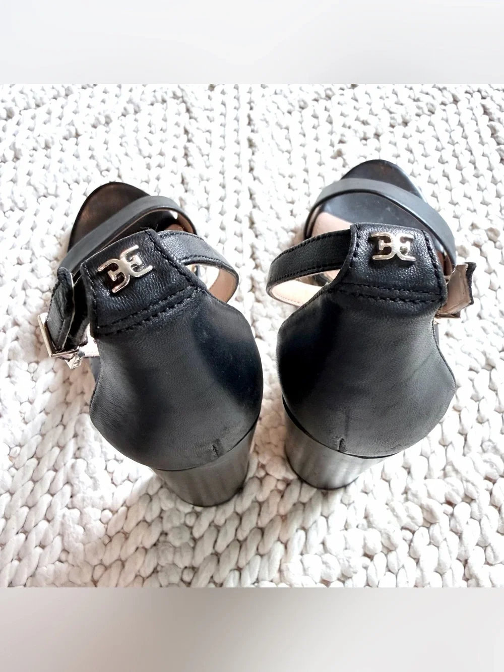 SAM EDELMAN Yaro Black Leather Block Heels Ankle Strap Sandals Womens 8 EUC
